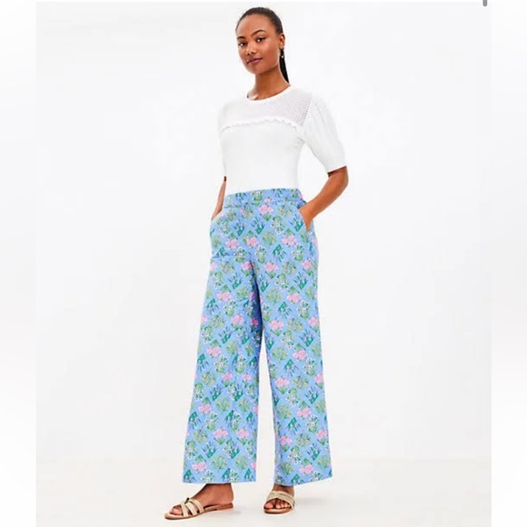 LOFT Tall Fluid Wide Leg Elastic Waist Pants in Bouquet Linen Blend Floral LT - Picture 11 of 12